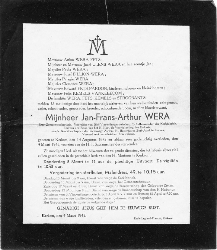 Overlijdensbrief Arthur Wera